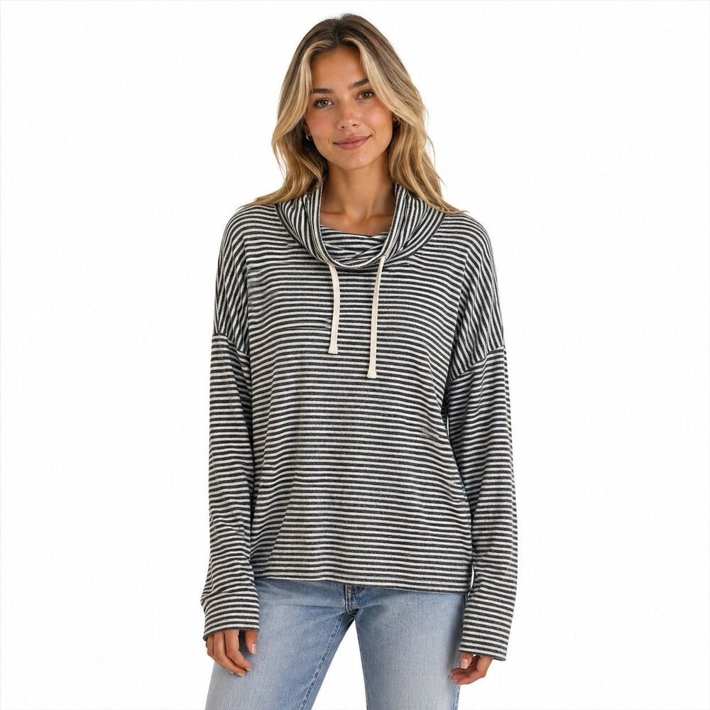 Lucky Brand Sweater Womens Large Gray Striped Cowl Neck Drawstring Knit Pullover